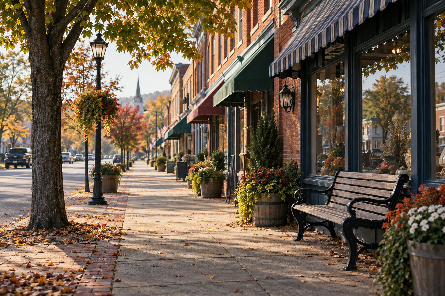 Illustrated small-town main street in warm autumn light